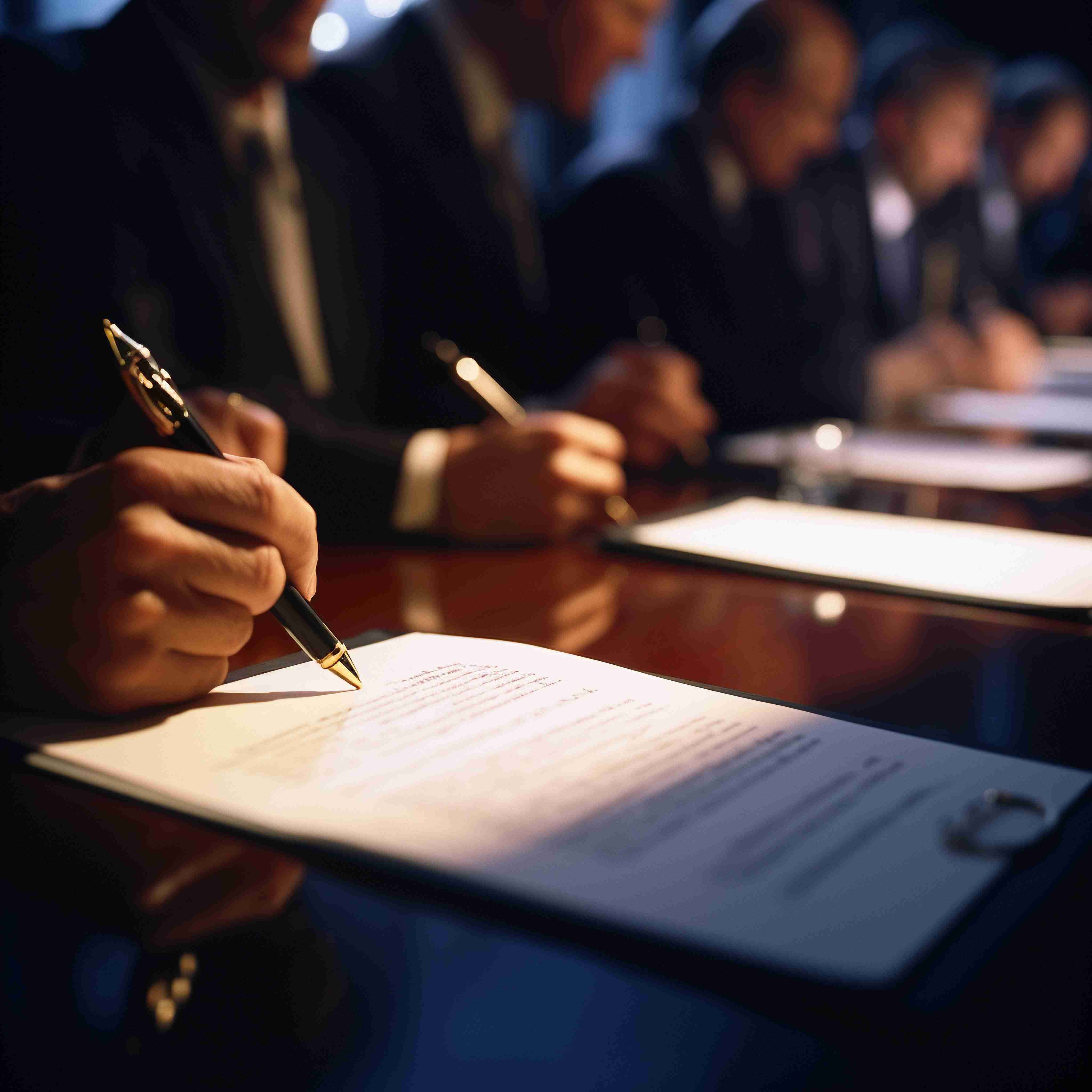 Male lawyer looking at client reading contract